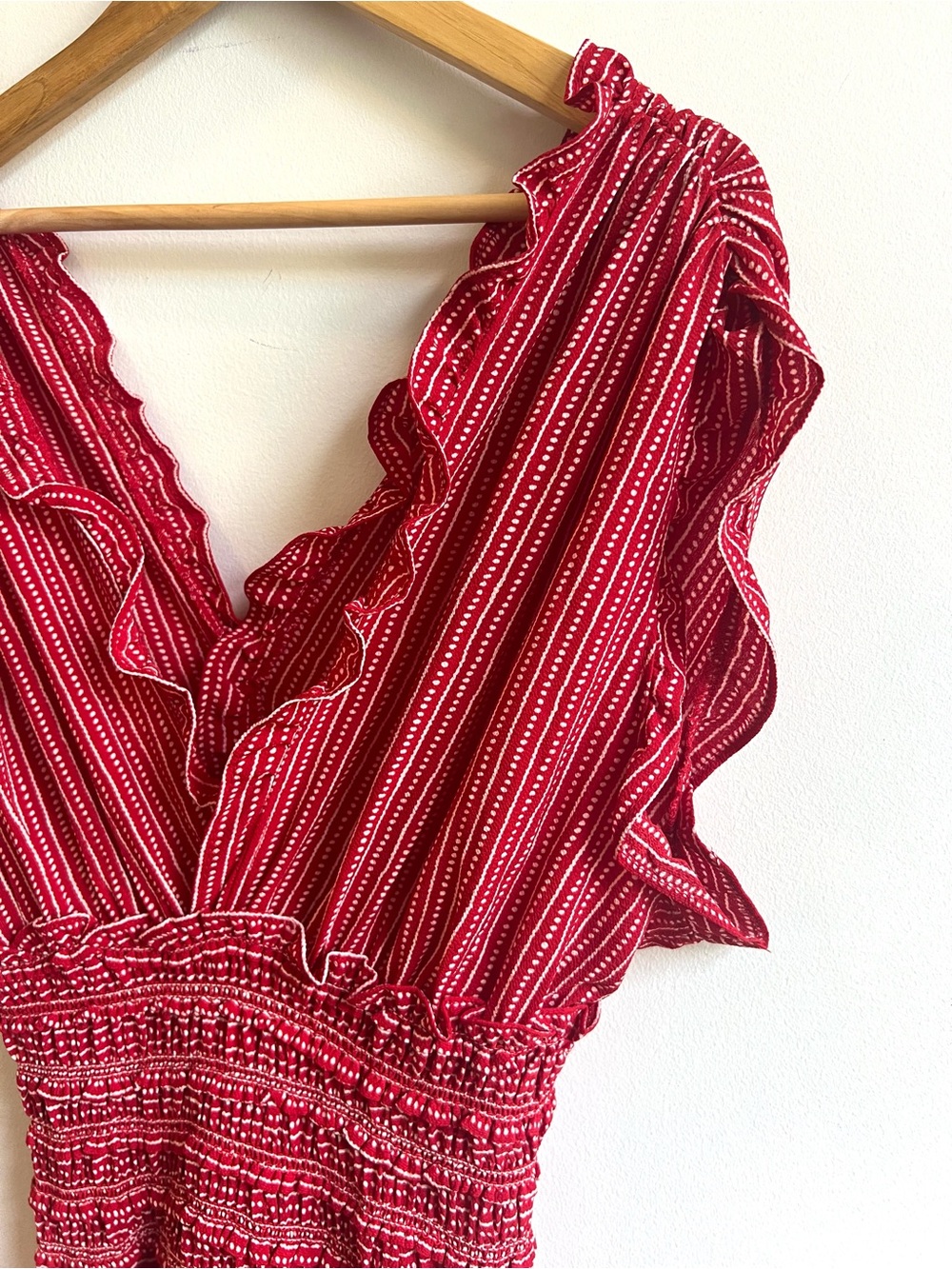 Max Studio Chic Boho Classy Red & White Striped Ruffle Jumpsuit - Picture 4 of 11